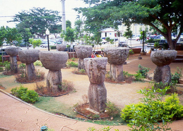 Angel L. G. Santos Latte Park  These latte were transported from Mepo, located in Guam's interior, to the museum in Hagåtña, for display after World War II. Later, these large latte were moved to the Angel L. G. Santos Latte Park, also in Hagåtña. ( Photo courtesy of Judy Flores Guampedia)