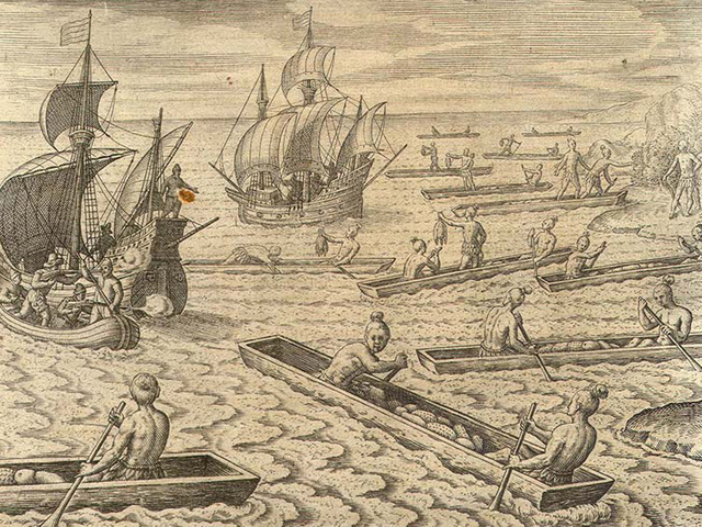 Trading  Many European visitors to Guam noted that Chamorros came out to greet and trade with them in dozens of canoes. Print originates from Gottfried's Newe Welt and Americanischee Historen, 1631. ( Photo Courtesy of ohann Ludwig Gottfried/Guam Public Library/Guampedia)