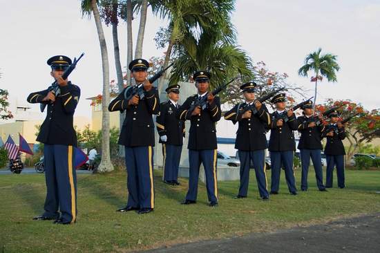 Salute: Guam Army National Guardsmen fire off a 21-gun salute in honor of the fallen soldiers during the Memorial Day Monument Dedication Ceremony at Skinner Plaza in Hagatna yesterday. (Eugene C. Herrera/For Pacific Daily News)