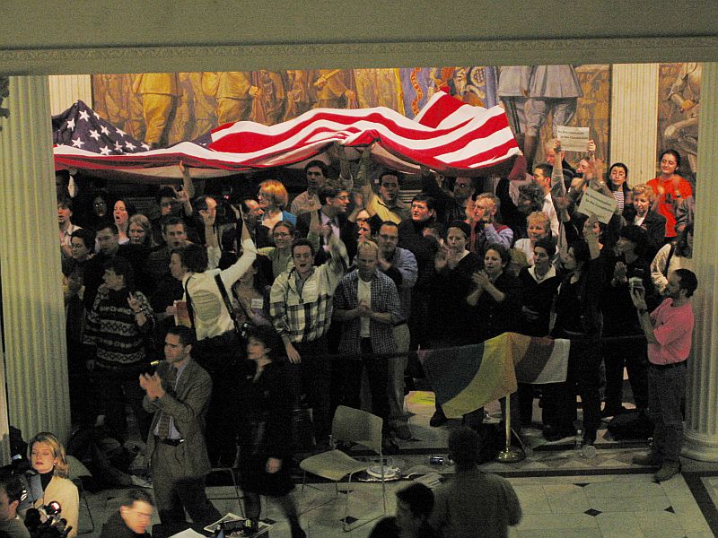 Singing patriotic songs in defense of gay civil rights Singing patriotic songs in defense of gay civil rights